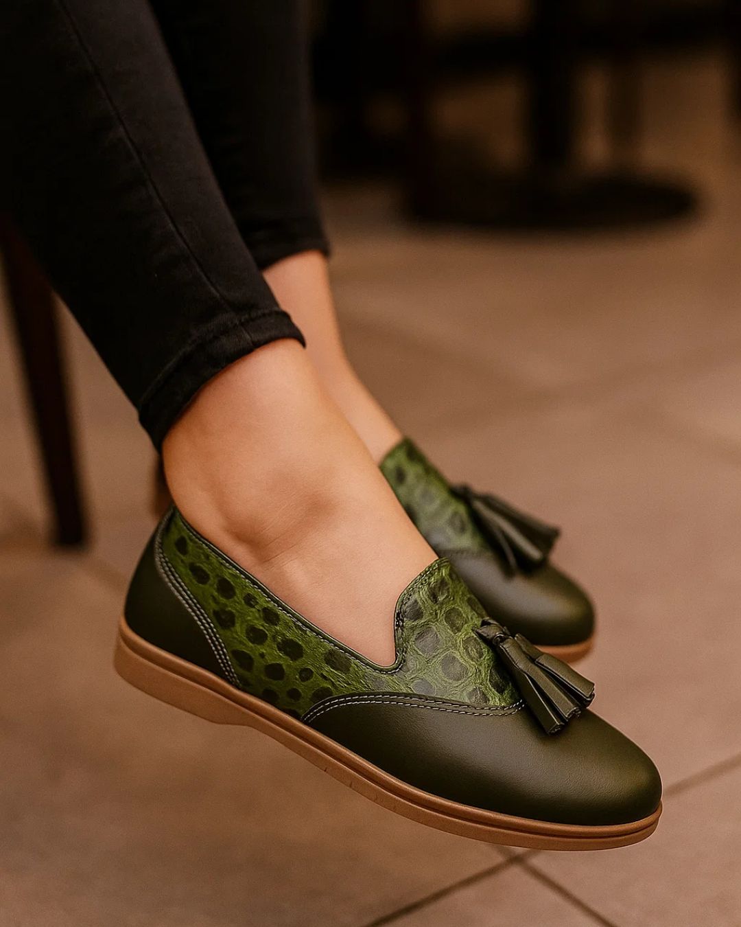 Green loafers with brown soles worn by a person on a blurred background
