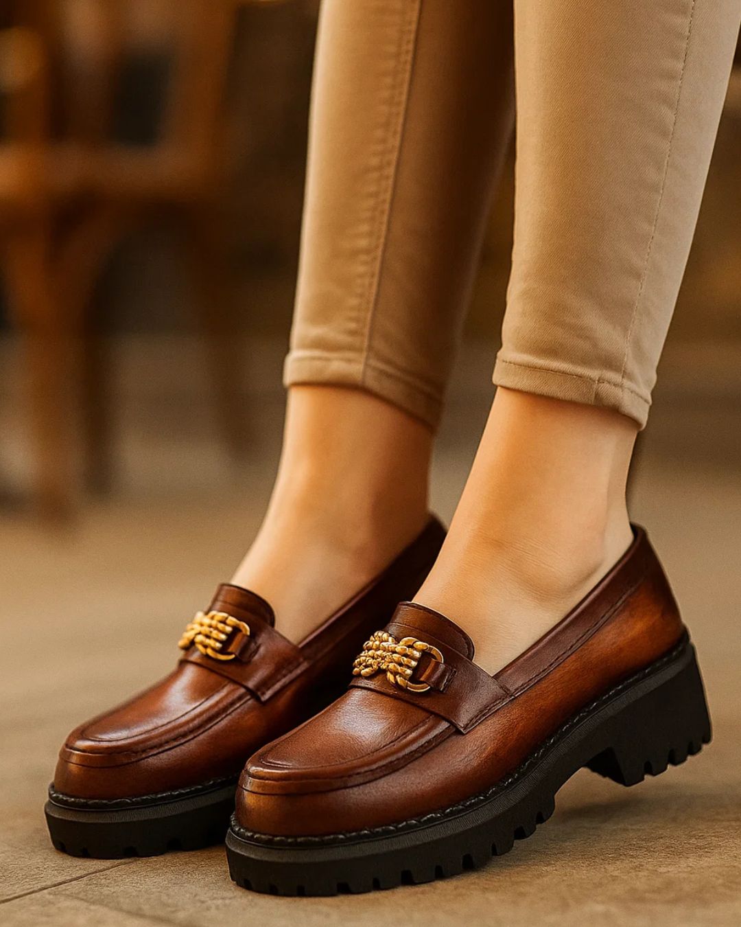 Brown loafers with gold accents worn with beige pants on a blurred background
